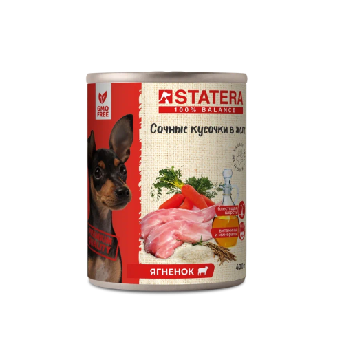 Полнорационный консервированный влажный премиум корм Satatera для собак - сочные кусочки в желе с ягненком (400 г)