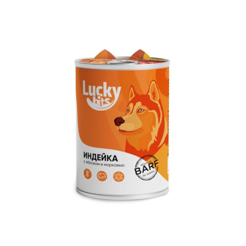 Полнорационный консервированный корм Lucky bits для собак всех пород с 6 месяцев с индейкой, яблоком и морковью, 400 г