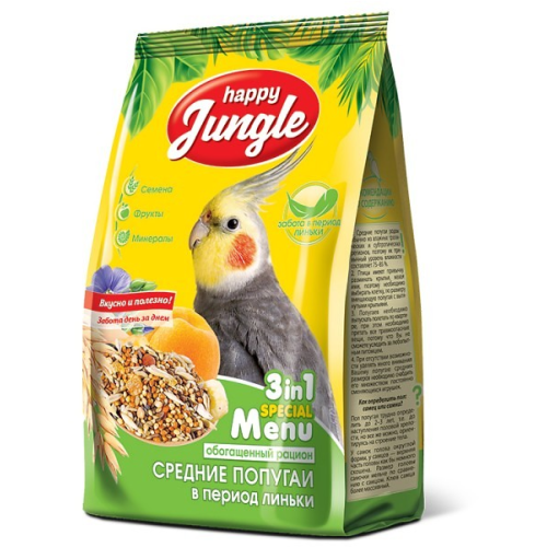 Корм Happy Jungle для средних попугаев при линьке, 500 г 