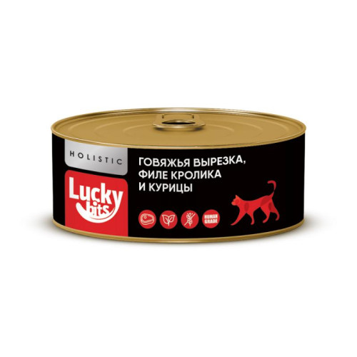 Консервы для кошек Lucky bits говяжья вырезка с филе кролика и курицы, 100 г