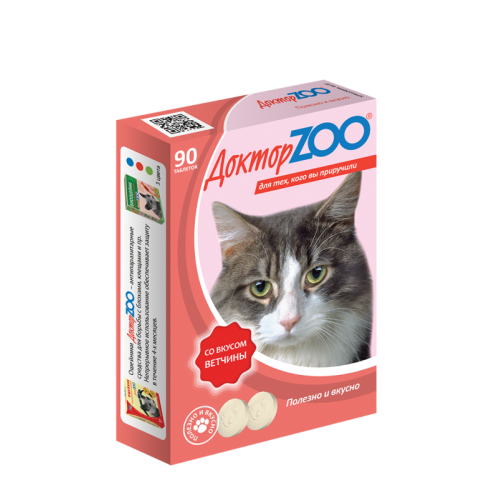 Доктор ZOO для кошек, со вкусом ветчины и биотином, таблетки, № 90