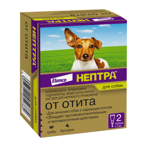 Нептра, ушные капли для собак, уп. 2 тюбика по 1 мл