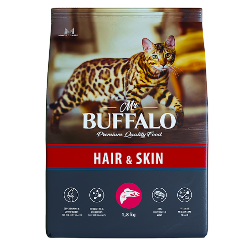 Mr.Buffalo Сухой корм для взрослых кошек, для здоровой кожи и красивой шерсти, с лососем, 1,8 кг