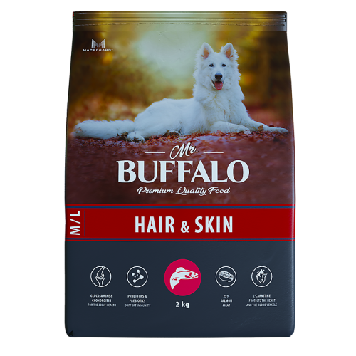 Mr.Buffalo Сухой корм для собак средних и крупных пород, для здоровой кожи и красивой шерсти, с лососем, 2 кг 