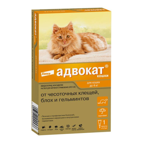 Адвокат® кошки, капли на холку от блох, чесоточных клещей и круглых гельминтов для кошек и хорьков весом до 4 кг. 1 пипетка в упаковке.