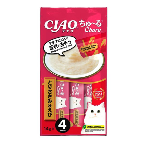 Крем-лакомство CIAO Churu пюре для кошек Куриное филе и креветка, 14 г х 4 шт. 