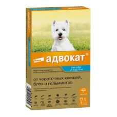 Адвокат , капли на холку от блох, чесоточных клещей и круглых гельминтов для собак весом от 4 до 10 кг. 1 пипетка в упаковке.