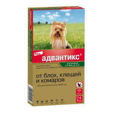 Адвантикс   для собак весом до 4 кг для защиты от блох, иксодовых клещей и летающих насекомых и переносимых ими заболеваний. 4 пипетки в упаковке.
