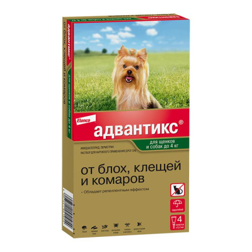 Адвантикс   для собак весом до 4 кг для защиты от блох, иксодовых клещей и летающих насекомых и переносимых ими заболеваний. 4 пипетки в упаковке.