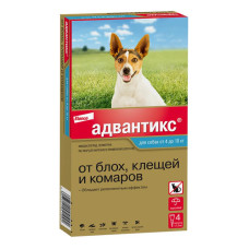 Адвантикс   для собак от 4 до 10 кг для защиты от блох, иксодовых клещей и летающих насекомых и переносимых ими заболеваний. 4 пипетки в упаковке.