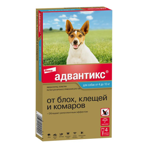 Адвантикс   для собак от 4 до 10 кг для защиты от блох, иксодовых клещей и летающих насекомых и переносимых ими заболеваний. 4 пипетки в упаковке.