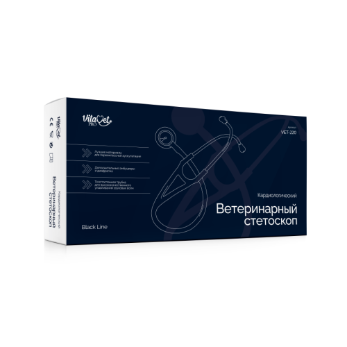 Стетоскоп ветеринарный кардиологический VET-220, диафрагма 47мм, Black Line, VitaVet Pro