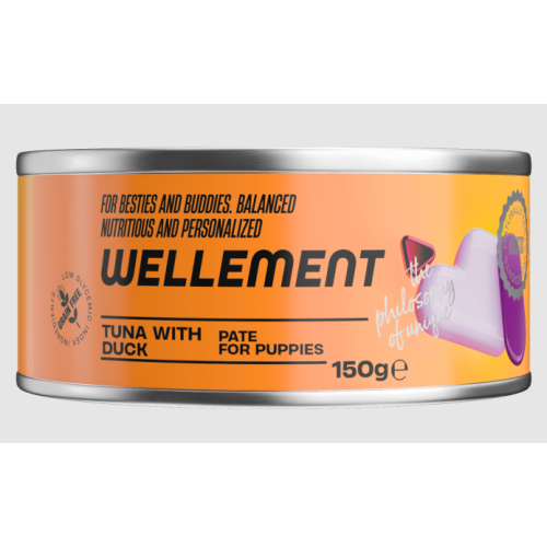 Wellement 0,15кг*24шт Тунец с уткой паштет для щенков, (Шоу-бокс)