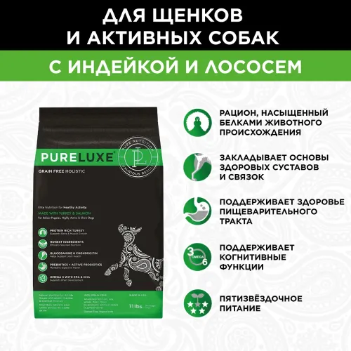 PURELUXE 9,98кг Элитное Питание для собак активных с индейкой и лососем (939532)