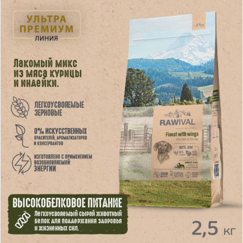 RAWIVAL Finest with Wings курица и индейка для взрослых собак средних и крупных пород, 2,5 кг