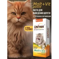 Unitabs 0,12л витаминная паста Malt+Vit с таурином для вывода шерсти из желудка для кошек