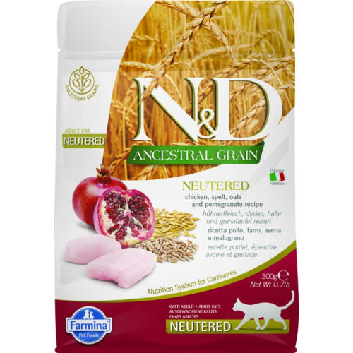 Farmina (Фармина) N&D Low Grain Cat 0,3кг низкозерновой курица и гранат сухой для стерилизованных кошек и кастрированных котов (4047)