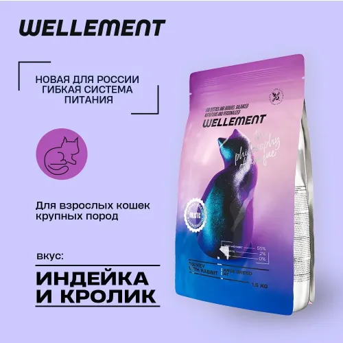 Wellement 1,5кг с индейкой и кроликом сухой для кошек крупных пород (003829)