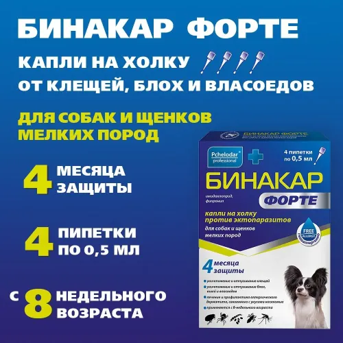 Бинакар Форте (Пчелодар) Капли на холку против эктопаразитов для собак и щенков мелких пород 4пип по 0,5мл НДС 10%
