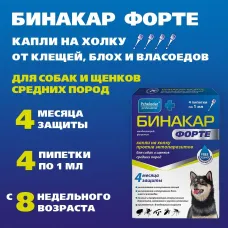 Бинакар Форте (Пчелодар) Капли на холку против эктопаразитов для собак и щенков средних пород 4пип по 1мл НДС 10%