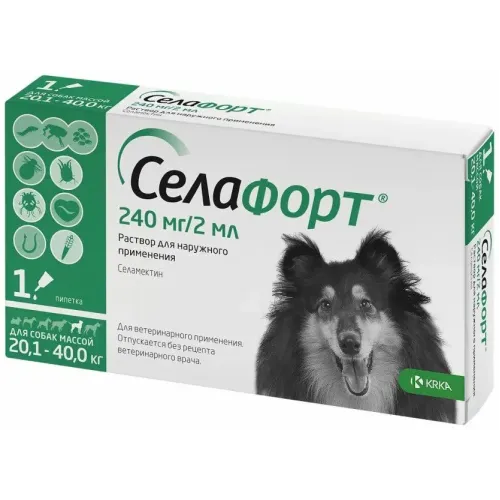 Селафорт (KRKA) 240мг/2мл капли (1пип) от блох, против кожных клещей и глистов для собак 20,1-40,0кг (ЛИЦЕНЗИЯ)